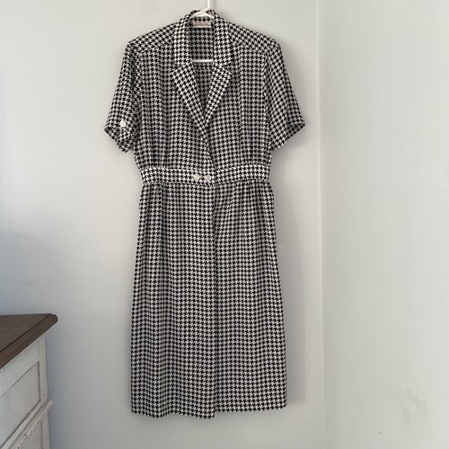 Talbots Women's Size 14p Silky 1/2 Stretch Waist Houndstooth Dress Black White
