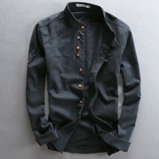 Mens Cotton Linen Shirt Long Sleeve Mandarin Collar Business Dress Shirts