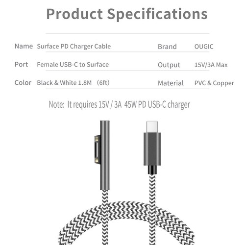 Surface vers USB C Câble de Charge Zèbre Tressé en Nylon 18m Compatible avec ... - Photo 9/9