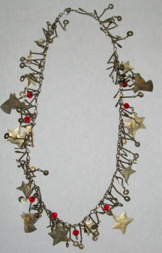 Vintage Mexican Wedding Necklace Tin Stamped Horse Head Charms Stars Red Beads