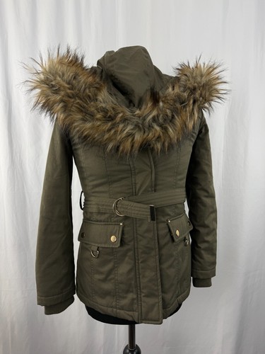 Womens Miss Selfridges Coat parka Petite Faux Fur Hooded Green Cotton Size 8 - Picture 11 of 22