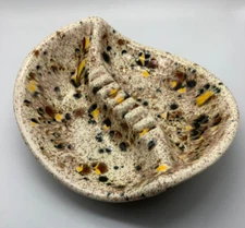 MCM Vintage Art Ceramic Ashtray W/Drip Splatter Glaze Brown,Yellow, Black, 9.5”