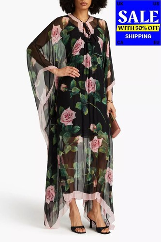 €2950 DOLCE & GABBANA Silk Kaftan Dress Cover Up IT42 US6-10 S Roses Unlined