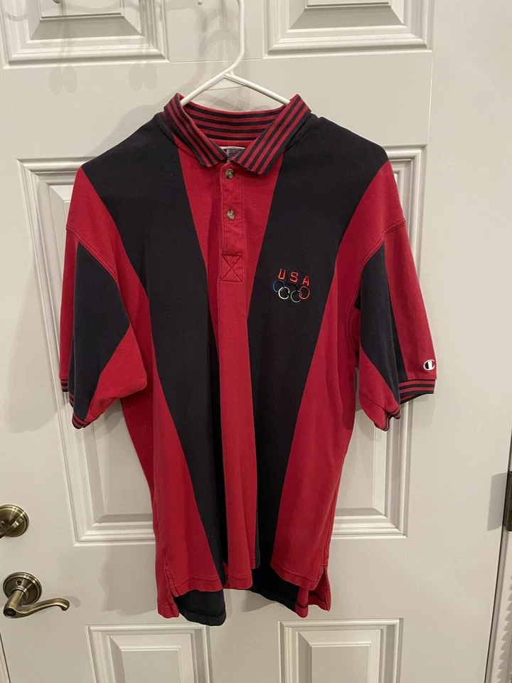 复古 90 年代 Champion Olympic 美国 Polo 红色和黑色垂直条纹衬衫 尺寸 L — 第 2/4 张图片