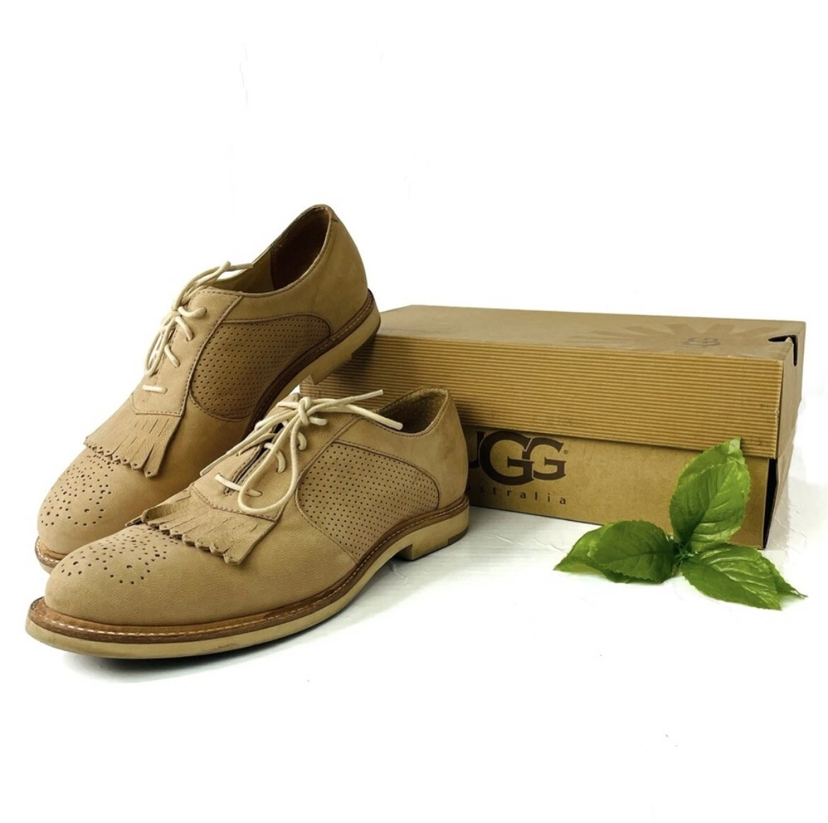 Mocassini Oxford Ugg Bernett Brogue Kiltie da donna taglia 6 5 beige scarpe in pelle marrone