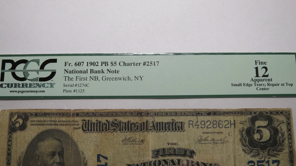 $5 1902 Greenwich New York NY National Currency Bank Note Bill Ch #2517 F12 PCGS - Image 2 of 4