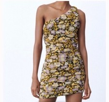 Zara NWT One Shoulder Floral Ruched Mini Dress Size Small Women’s 