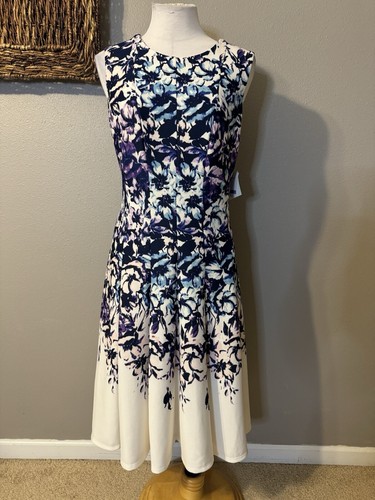 Danny & Nicole Dress 18 Floral Ivory Blue Purple Stretch Career Washable New NWT - Picture 5 of 11
