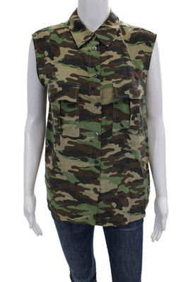Equipment Femme Womens Camouflage Sleeveless Silk Button Down Top Green Size S