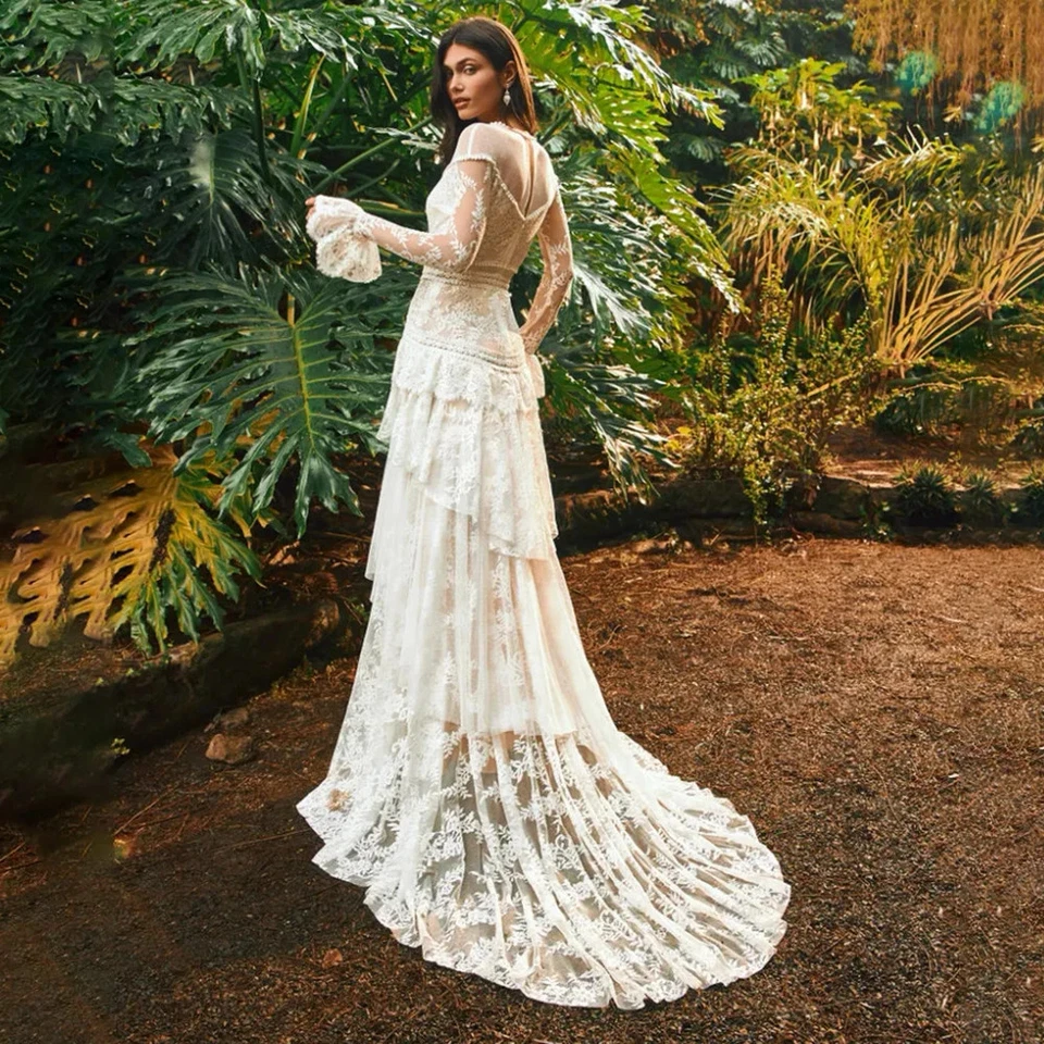 Champagne A-Line Wedding Dresses O-Neck Long Sleeves Layered Ruffles Bridal Gown - Image 2 of 4