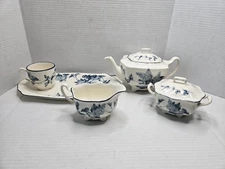 Vintage Johnson Bros. Hydrangea Blue White Flowers Tea Snack Cream Sugar Set