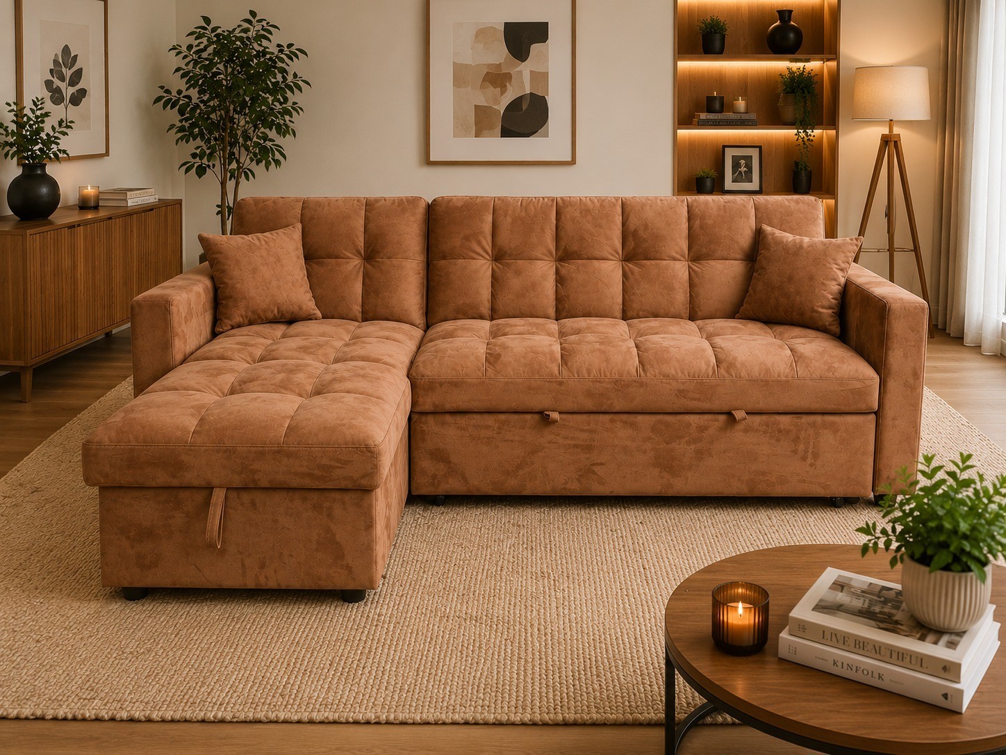 Panana 3 Seater Sofa Bed Linen Fabric Upholstered Modern Convertible Folding Futon Sofa Bed Daybed Guest Bed, 5 Angles Adjustable, 2 Cup-Holders,Beige 13 3 Seater Sofa Bed, Fabric Corner Sleeper Sofa with Storage Sofabed