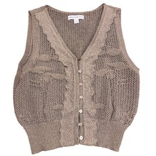 Pointelle Knit Lace Trim Olive Green Cottage Core Button Front Fairy Vest Medium