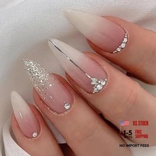 Ombre Press on Nails Almond Medium Fake Nails Glitter Stripes and Rhinestones