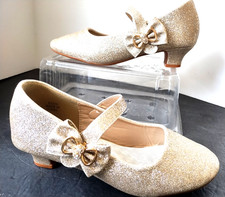 Glittery Gold Party Shoes w/Gold Bow  Rhinestones, Strap Close Sz. 5