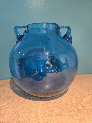 Blue Blenko Glass Pre Designer #68 RoseBowl Doubl Handle Vase w
