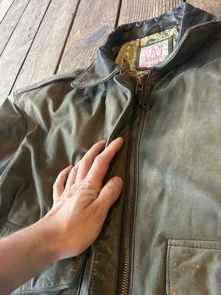 复古皮革轰炸机夹克带地图衬里美国周末绿色 80 年代 M 中号 — 第 4/4 张图片