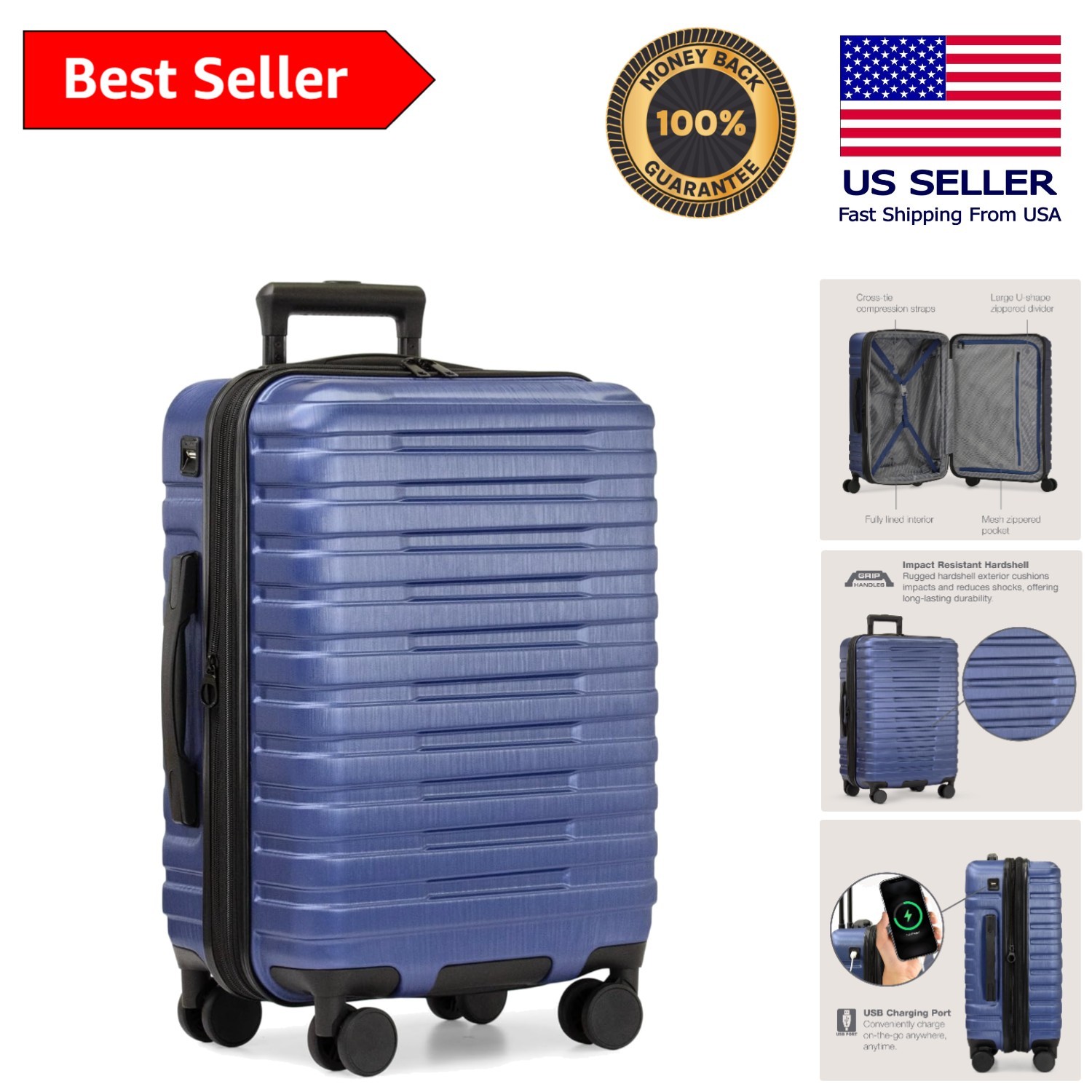 Stylish Navy 22-Inch Hardside Suitcase - 8 Spinner Wheels & USB Charging