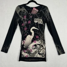Christian Audigier Crystal Rock Top Womens Sz M Crane Blossom Y2K Tunic Shirt