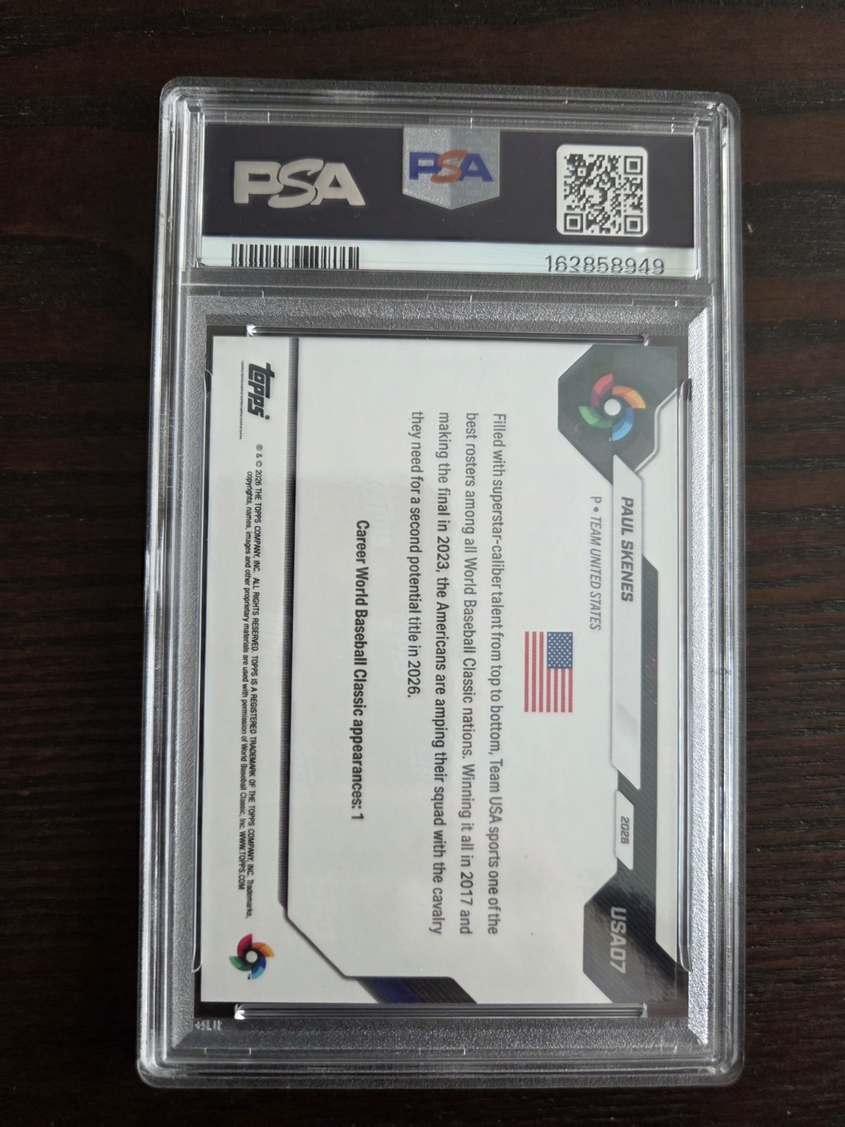 Paul Skenes 2026 Topps Now WBC #USA07 WBC Logo SP Team USA PSA 10 Gem Mint view 2