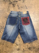 Y2K DRUNKNMUNKY DENIM JEAN SHORTS EMBROIDERED POCKET BAGGY WIDE LEG WAIST SZ 34