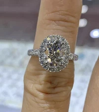 Real Moissanite 3.00Ct Oval Cut Halo Wedding Ring 14K White Gold Plated Silver