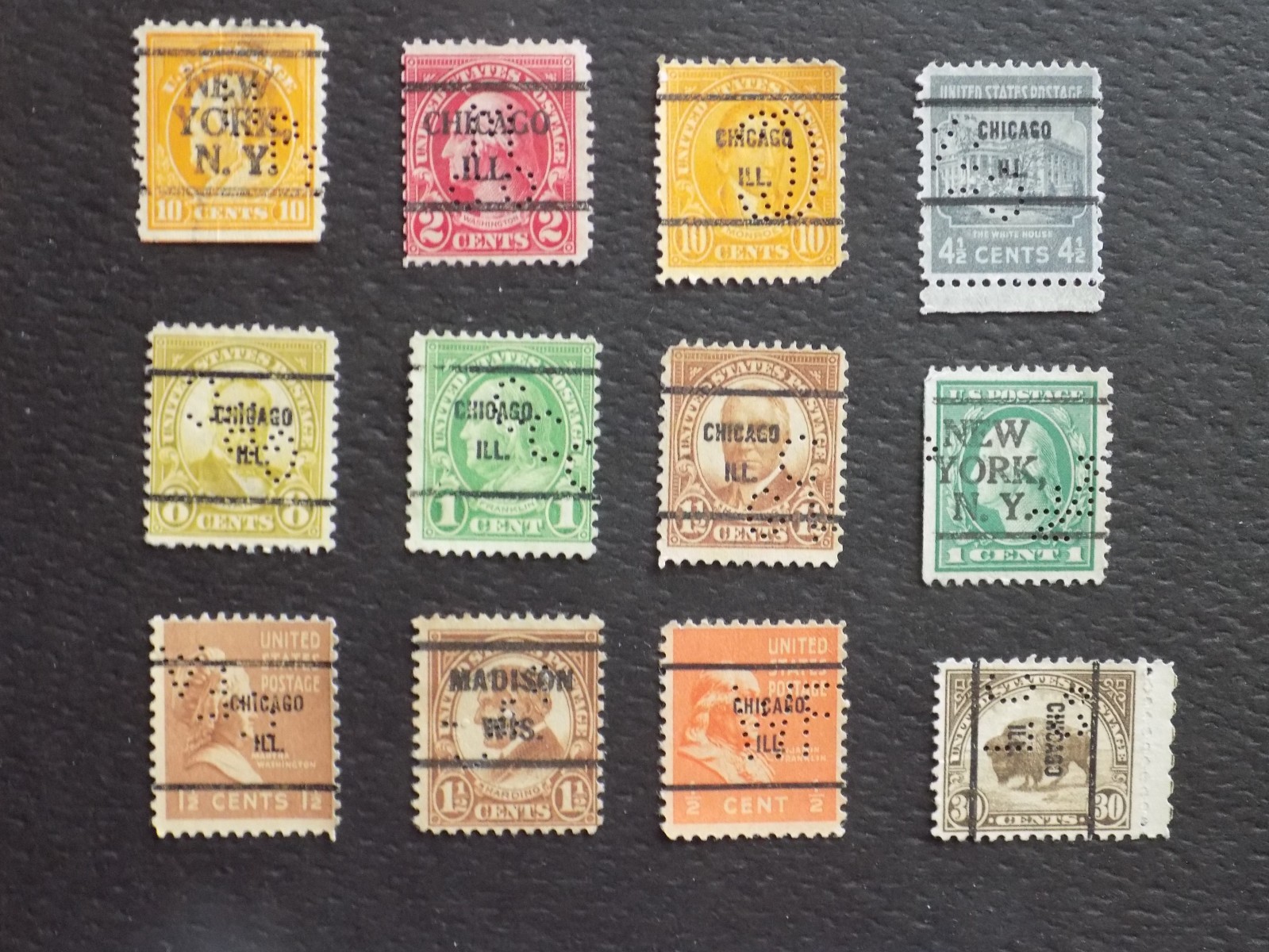 (12) USED US Different PERFIN PREC DEF.-stamps-1-31-M-WE COMBINE ...