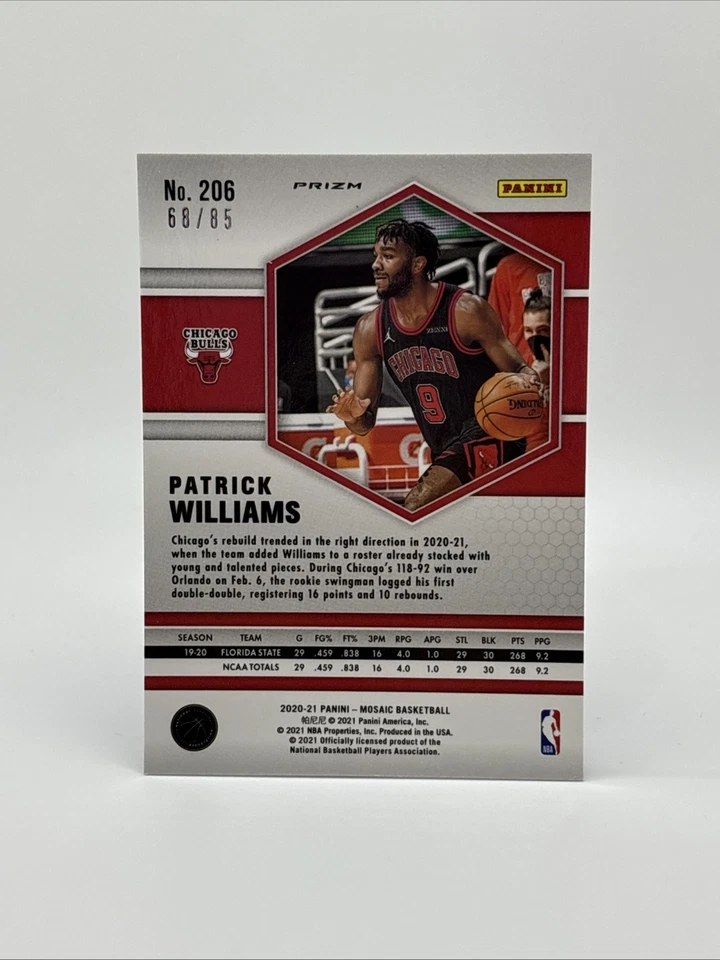 2020-21 Panini Mosaic Fast Break Blue Disco Patrick Williams RC /85 SP Bulls - Image 2 of 2