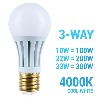 LED 120V 3-Way: 10W 22W 34W =100W 200W 300W PS25 Mogul DC E39d 4000K Cool White