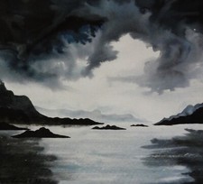 Lucia Lamot (1924- 2021) quadro chic 1990: METEO, MONTAGNA E PAESAGGIO LACUSTRE