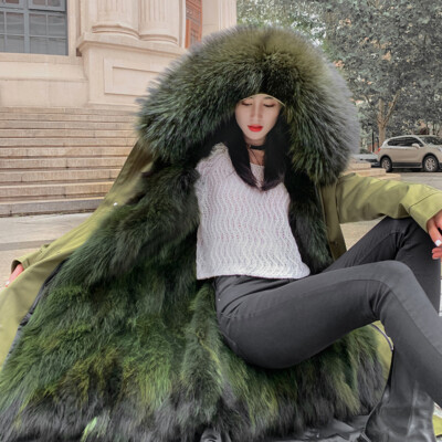 Women Real Raccoon Fur Lined Parka Jacket Winter Warm Thick Hooded Coat Overcoat