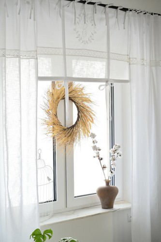 NEU Boho Raff Gardine 160x120 Weiß Bohemian Shabby Schlaufen Bestickt Raffrollo - Bild 3 von 10