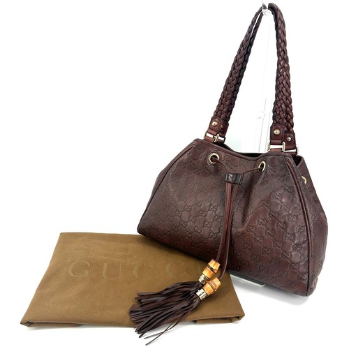 GUCCI Guccissima Drawstring Bamboo Tassel Shoulder Bag Leather Authentic #358