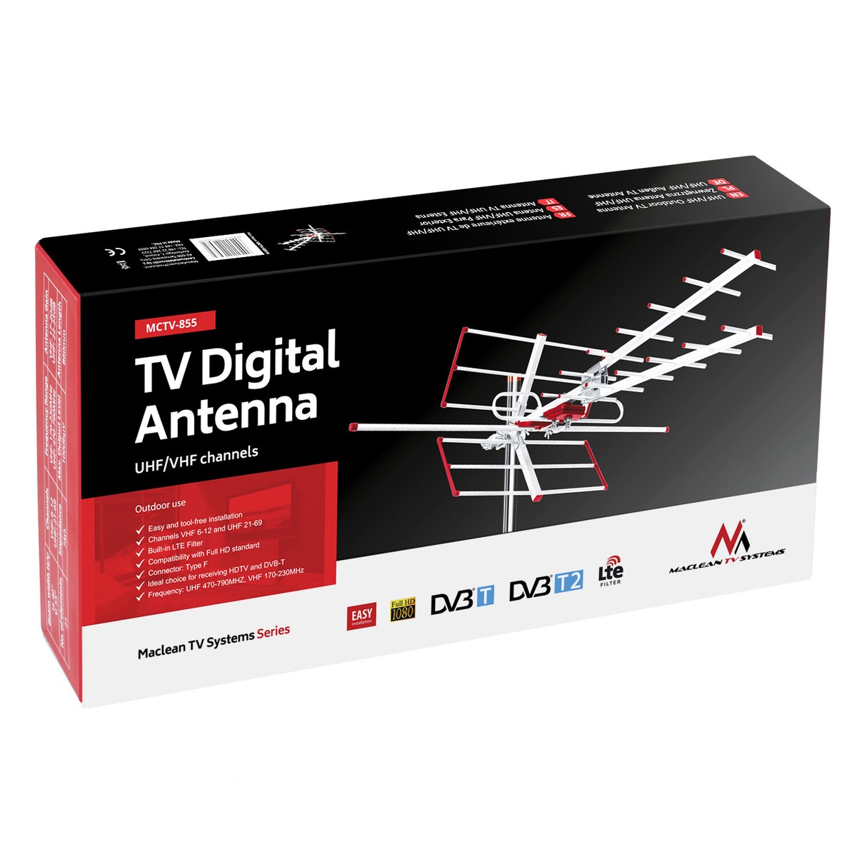 Maclean MCTV-905 Antenna TV Esterna Passiva DVB-T/T2, Banda Larga VHF/UHF, Filtro LTE, Per Tetto O Balcone