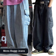 Baggy Jeans Denim Pants Cargo Pockets Loose Wide Leg Big Pocket Mens Trousers