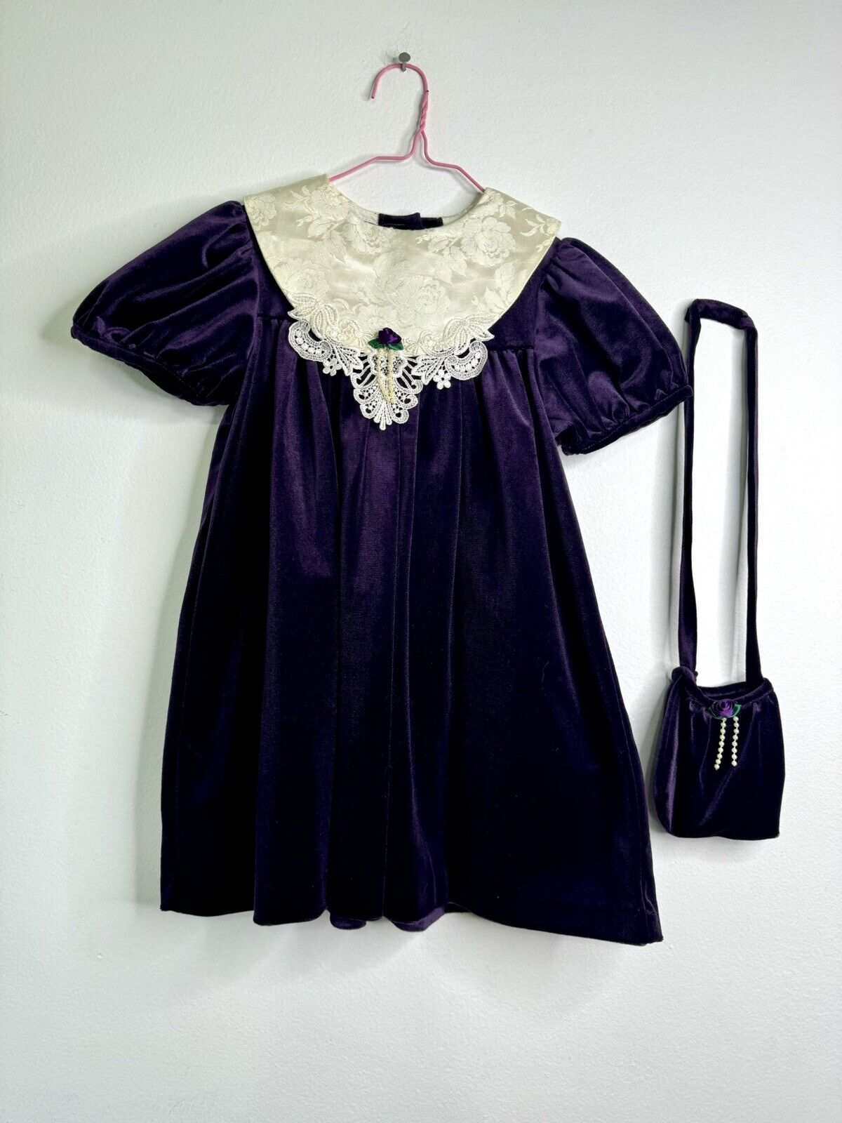Vintage Rare Editions Size 6 Purple Velvet Dress Lace Yolk Matching Purse