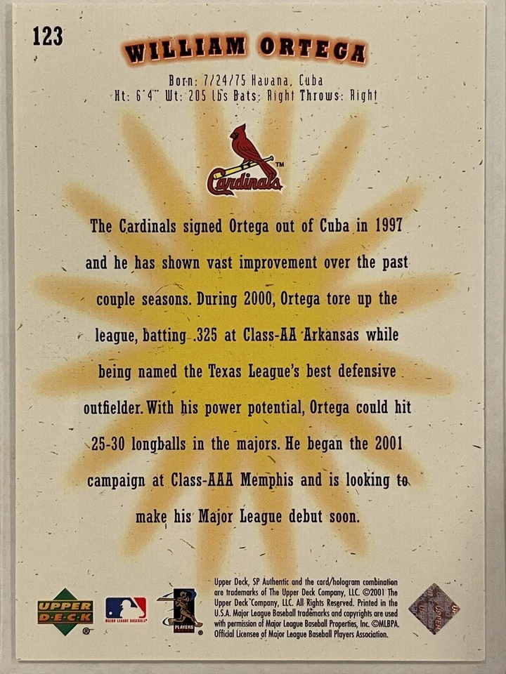 2001 SP Authentic William Ortega Future Watch Rookie RC /1250 #123 Baseball - Image 3 of 3