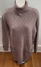Brown Wool Blend Cable Knit Turtleneck Sweater Dress w/ Pocket Sz M Preppy Class