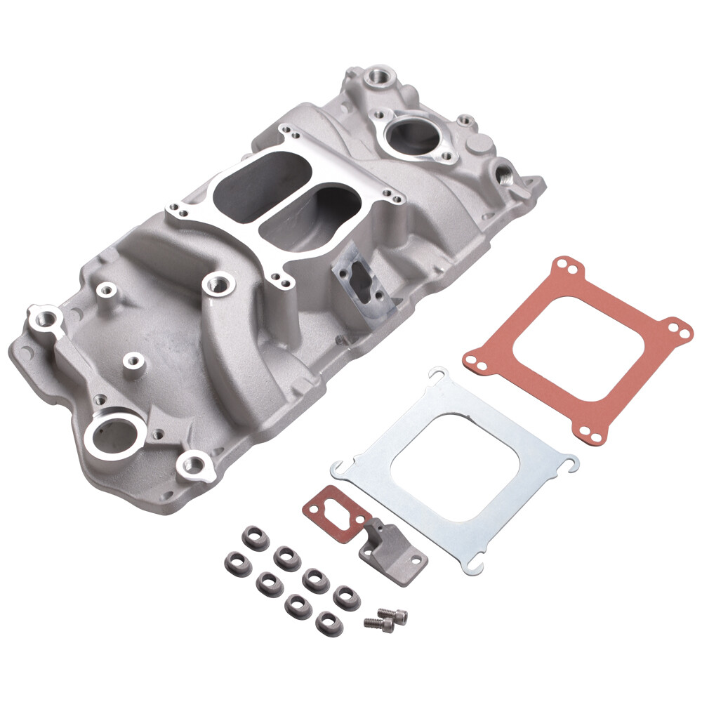 High-Performance Aluminum Satin Dual Plane Intake Manifold for Chevy SBC 265-400 V8 up to 5500 RPM