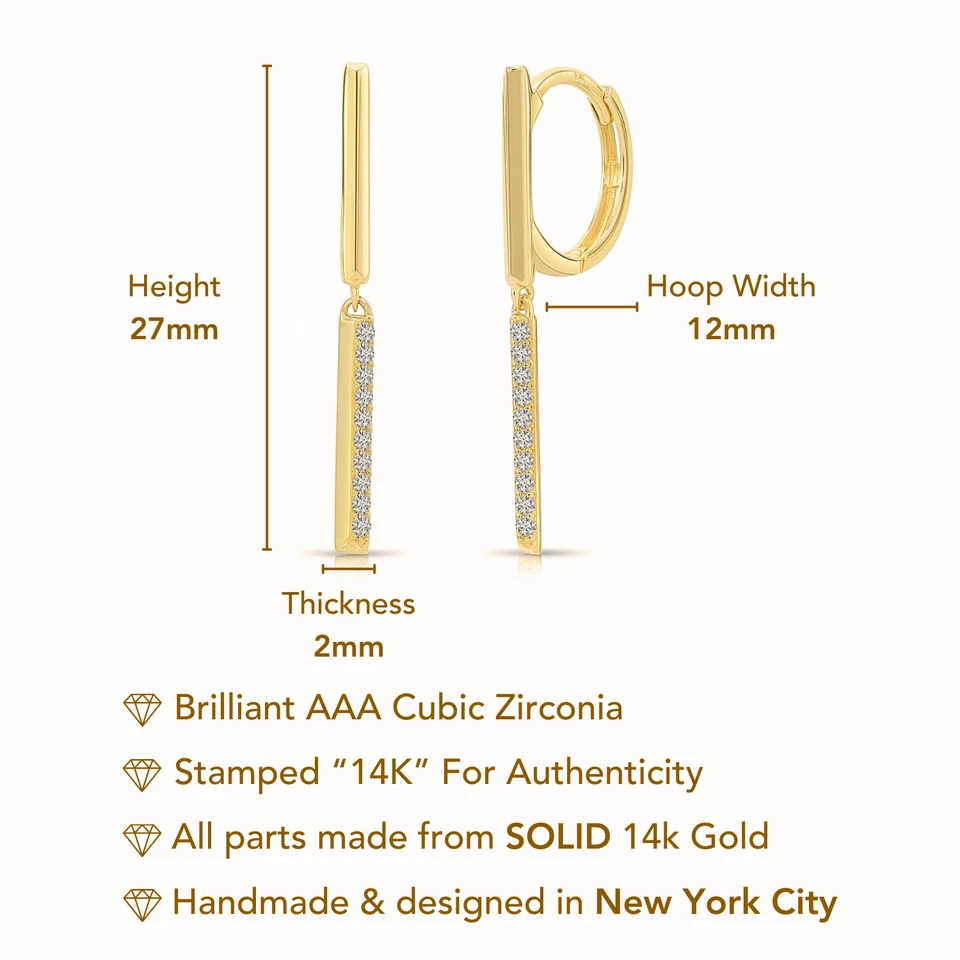 Pendientes de aro Huggie colgantes de barra de circonita cúbica con delicados pavé de oro amarillo macizo real de 14K Foto 3 de 4