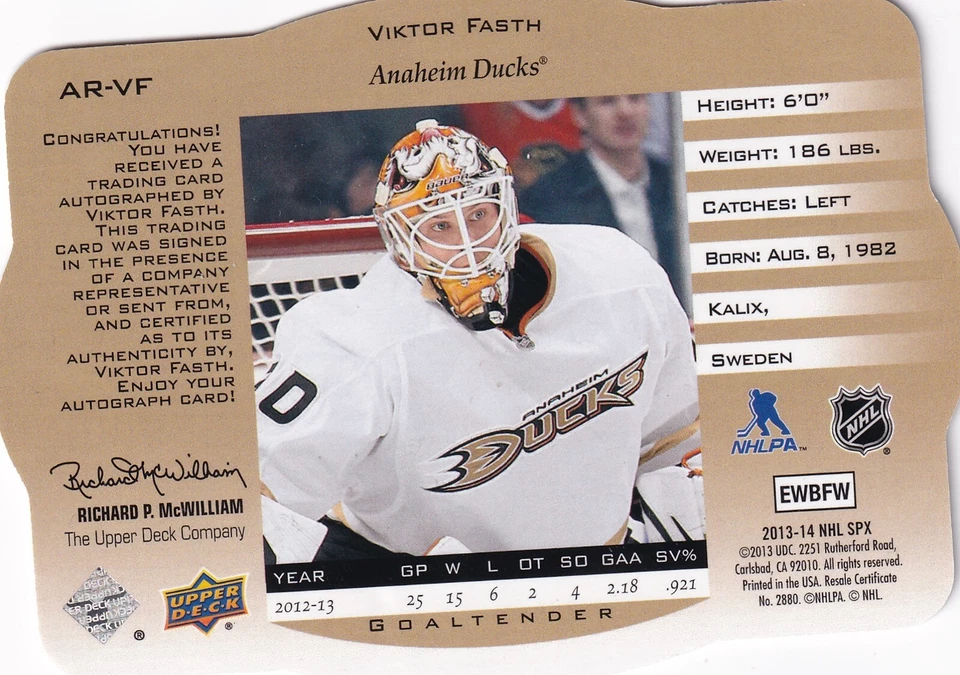 2013-14 SPx 96-97 SPx Retro Autographs #ARVF Viktor Fasth - Image 2 of 2