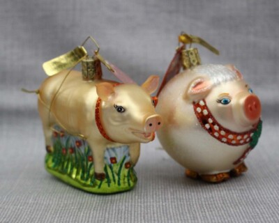 KATHE WOHLFAHRT 'PAIR OF PIGS' GLASS CHRISTMAS ORNAMENTS