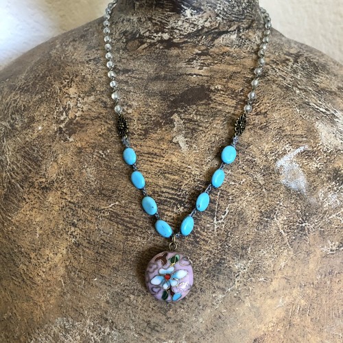 Necklace Blue Stone Beaded Cloisonné Pendant Crochet Artisan 22” - Picture 3 of 4