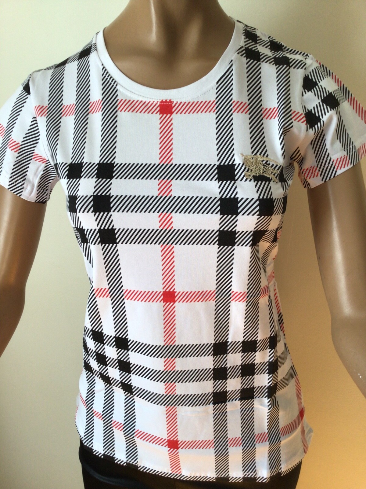 NEW BURBERRY LONDON  WHITE/BLACK/RED COTTON STRETCHED TOP SIZE XL
