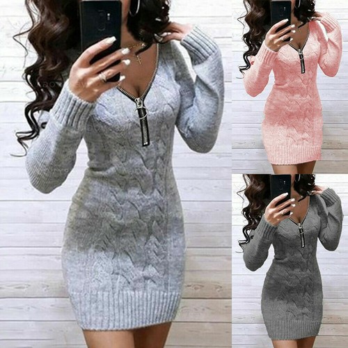 Womens Knitted Sweater Jumper Dress 