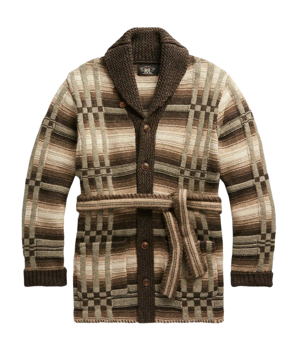 Ralph Lauren RRL Brown Wool Linen Ranch Belted Cardigan Sweater