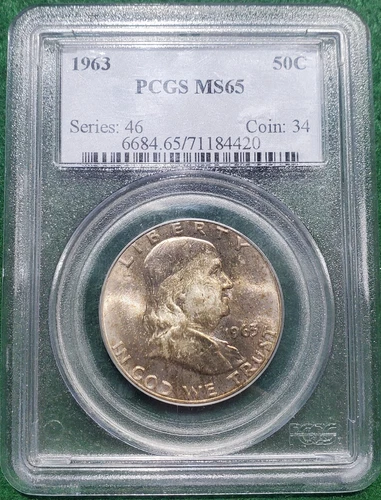1963 Franklin half dollar - PCGS MS65 - Obverse toning.