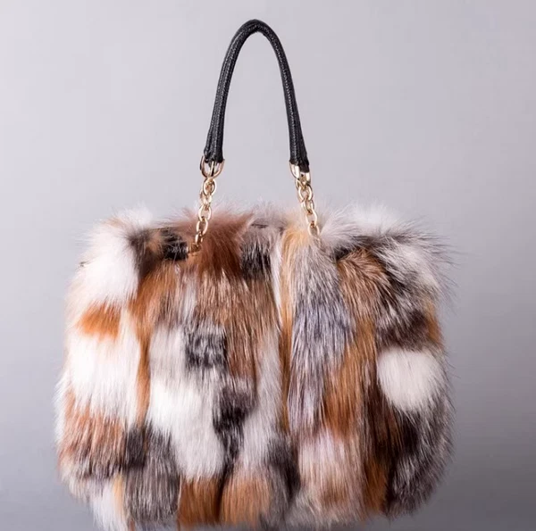 Bolsas femininas de pele de raposa genuína prata pele de raposa Pathwork pele real  - Imagem 3 de 4