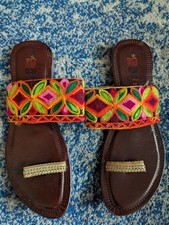 Kolhapuri Mirror Chappals Brown Leather Women's Sandals Embroidered Trim Size 10