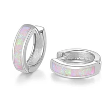 Small Huggie Hoop Earrings Purple Pink Fire Opal Hoop Earrings 14K White Gold Pl